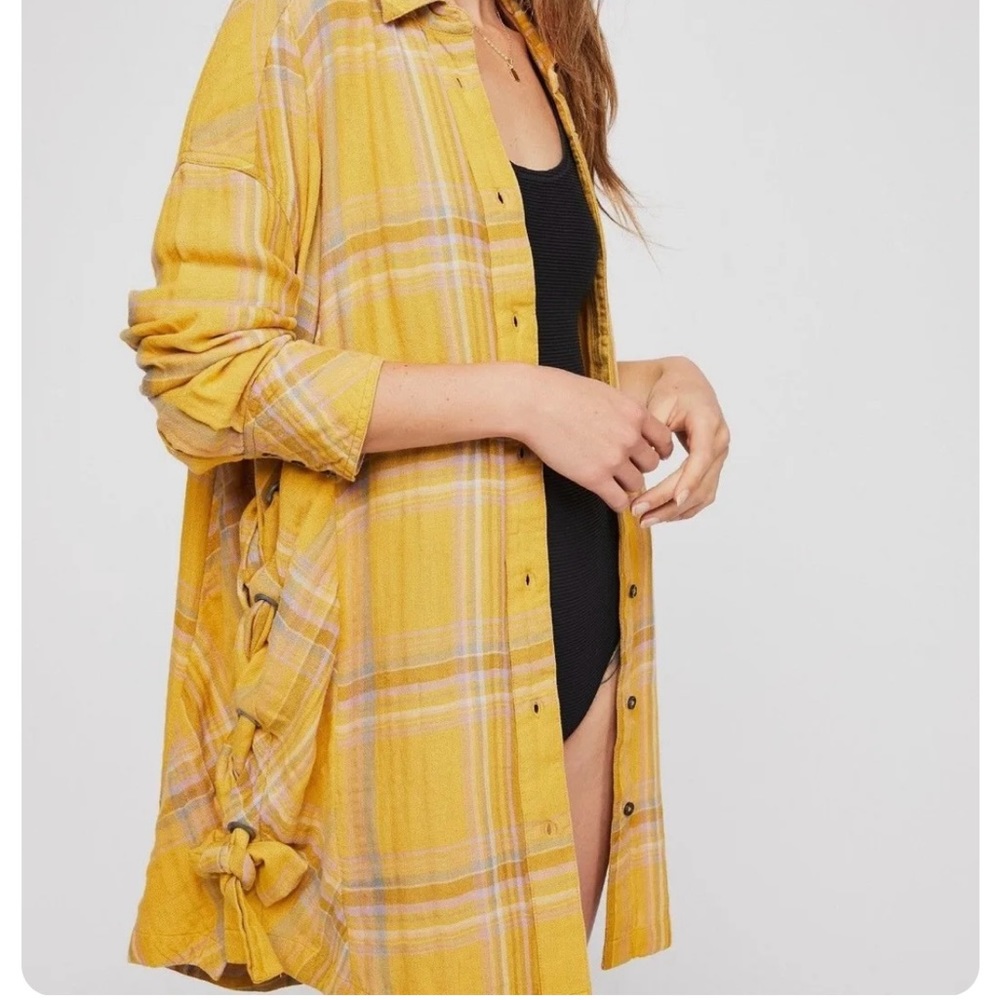 NWT FREE PEOPLE Sz S NORDIC DAY PLAID LONG SLEEVE BUTTON DOWN SHIRT YELLOW